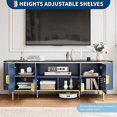 Fluted TV Stand Fits TVs up to 80",with Curved Profile Sliding Doors and Adjustable Shelves