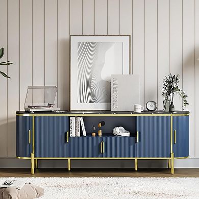 Fluted TV Stand Fits TVs up to 80",with Curved Profile Sliding Doors and Adjustable Shelves