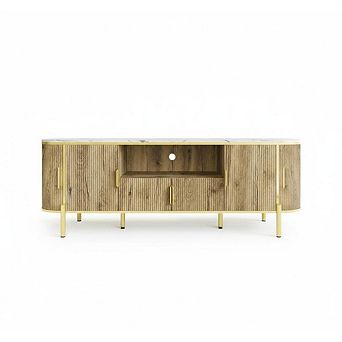 Fluted TV Stand Fits TVs up to 80",with Curved Profile Sliding Doors and Adjustable Shelves