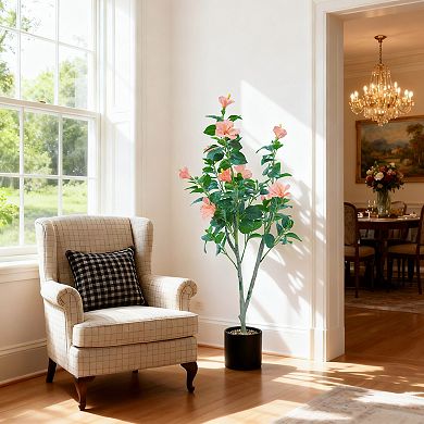 4ft Artificial Hibiscus Tree, Red Faux Flower Plant for Indoor Outdoor Home Decor