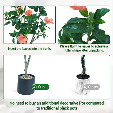 4ft Artificial Hibiscus Tree, Red Faux Flower Plant for Indoor Outdoor Home Decor