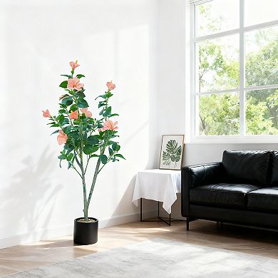 4ft Artificial Hibiscus Tree, Red Faux Flower Plant for Indoor Outdoor Home Decor