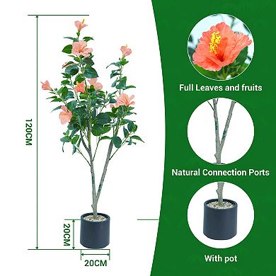 4ft Artificial Hibiscus Tree, Red Faux Flower Plant for Indoor Outdoor Home Decor