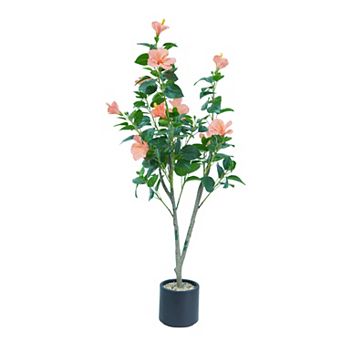 4ft Artificial Hibiscus Tree, Red Faux Flower Plant for Indoor Outdoor Home Decor