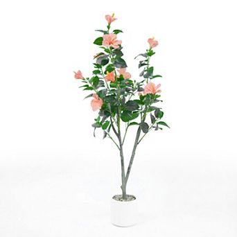 4ft Artificial Hibiscus Tree, Red Faux Flower Plant for Indoor Outdoor Home Decor