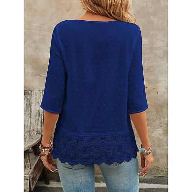 Women Half Sleeve Lace Hollow Out Top