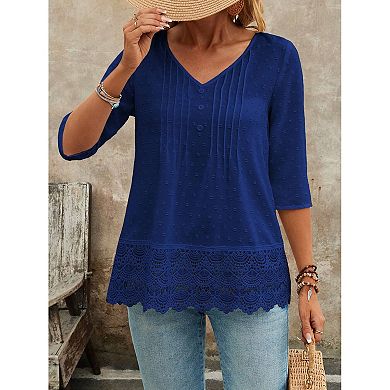 Women Half Sleeve Lace Hollow Out Top