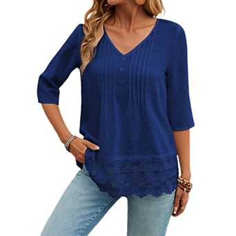 Women Half Sleeve Lace Hollow Out Top