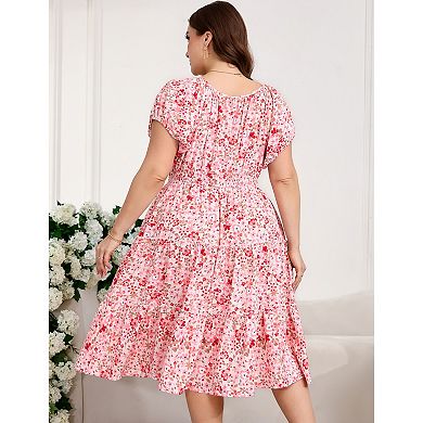 Women's Plus Size Dress Smocked Tie Neck Floral Sundress