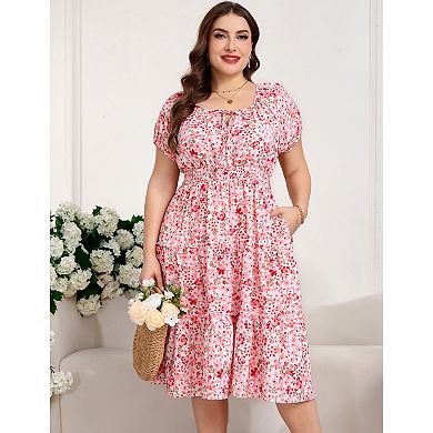 Women's Plus Size Dress Smocked Tie Neck Floral Sundress
