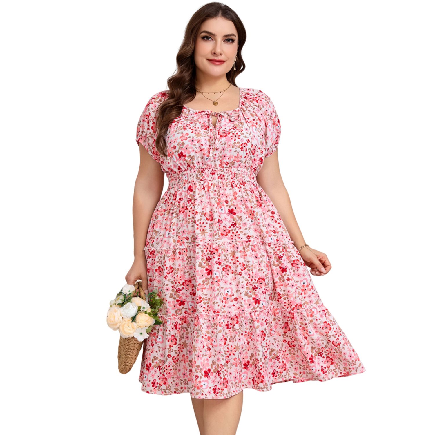 Женские платья Plus Size Dress Smocked Tie Neck Floral Sundress