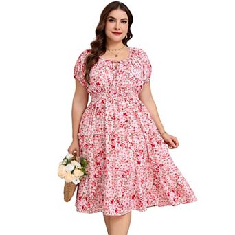 Women's Plus Size Dress Smocked Tie Neck Floral Sundress