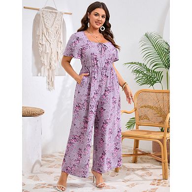 Women's Plus Size Jumpsuits Square Neck Floral Wide Leg Romper With Pockets
