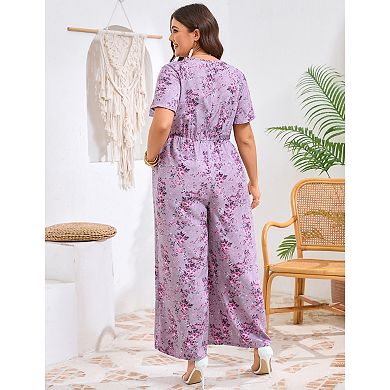 Women's Plus Size Jumpsuits Square Neck Floral Wide Leg Romper With Pockets