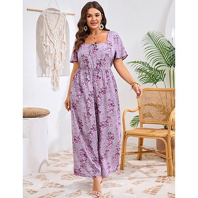Women's Plus Size Jumpsuits Square Neck Floral Wide Leg Romper With Pockets