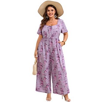 Women's Plus Size Jumpsuits Square Neck Floral Wide Leg Romper With Pockets