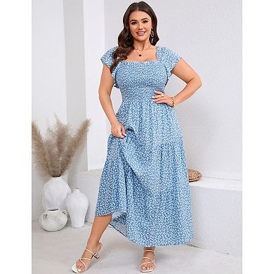 Plus Size Dresses for Women Square Neck Short Sleeve Floral Sundress