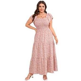 Plus Size Dresses for Women Square Neck Short Sleeve Floral Sundress