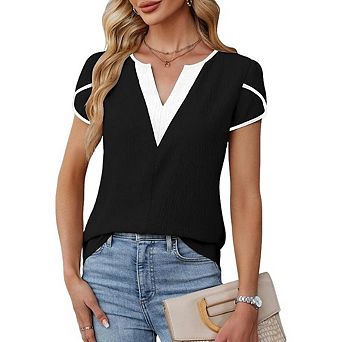 Women Short Sleeve Top Casual Dressy V Neck Color Block Shirt