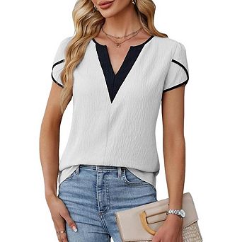 Women Short Sleeve Top Casual Dressy V Neck Color Block Shirt