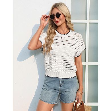 Women Casual Top Short Sleeve Hollow Out Knit T-Shirt