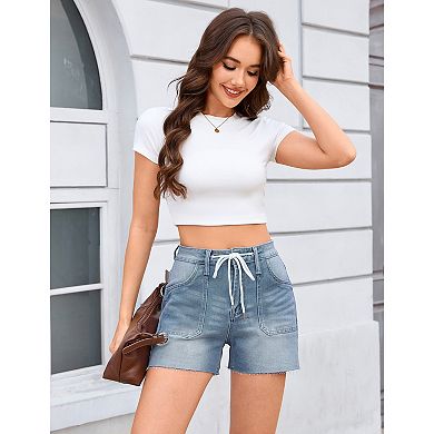 Women Casual Drawstring Jean Shorts with Pocket
