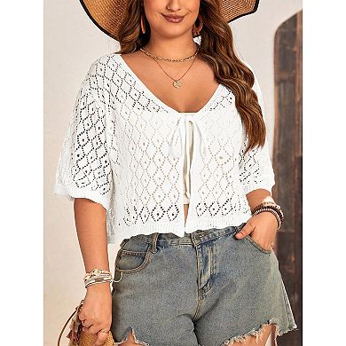 Women's Plus Size Tie Front Cardigan Hollow Out Half Sleeve Knit Top