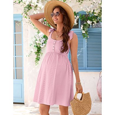 Women's Maternity Dress Button Front Tie Strap Sundress