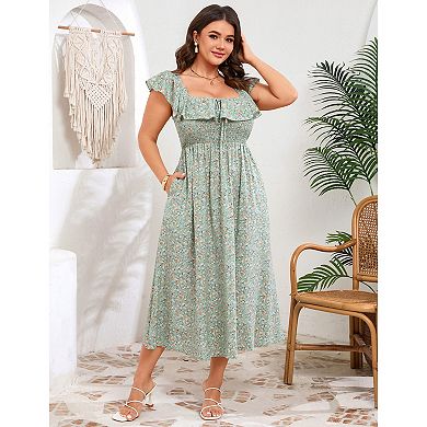 Plus Size Dress for Women Elegant Floral Ruffle Sleeve Sundress