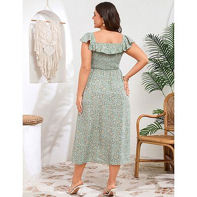 Plus Size Dress for Women Elegant Floral Ruffle Sleeve Sundress