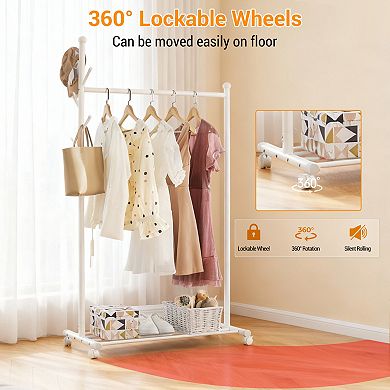 Metal Rolling Clothing Rack with Hooks, Standing Coat Racks, Hanging Clothes Racks for Bedroom