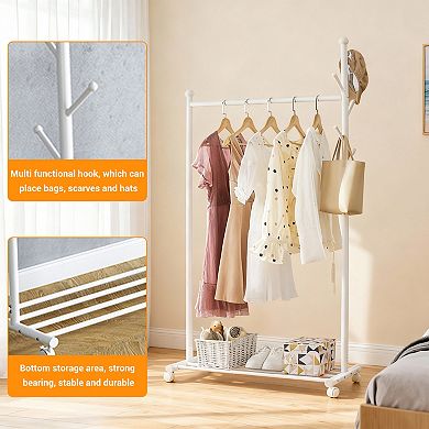 Metal Rolling Clothing Rack with Hooks, Standing Coat Racks, Hanging Clothes Racks for Bedroom