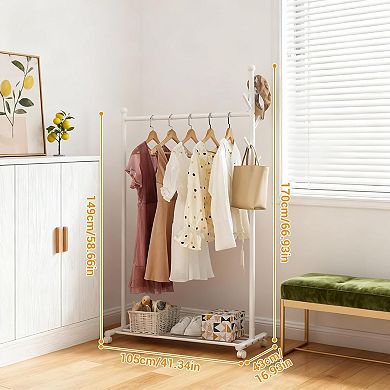 Metal Rolling Clothing Rack with Hooks, Standing Coat Racks, Hanging Clothes Racks for Bedroom