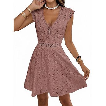 Women's Knit Jacquard Hollow-Out V-Neck Lace Mini Dress