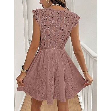 Women's Knit Jacquard Hollow-Out V-Neck Lace Mini Dress