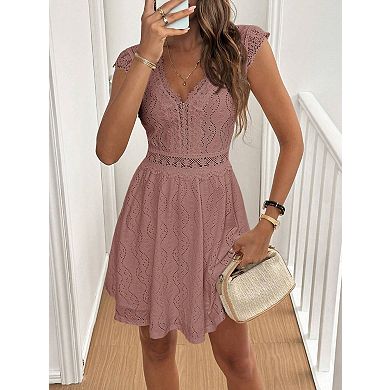 Women's Knit Jacquard Hollow-Out V-Neck Lace Mini Dress