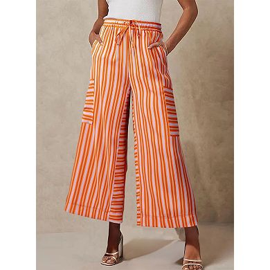 Women's Colorful Striped Wide Leg Pants with Adjustable Tie Waist