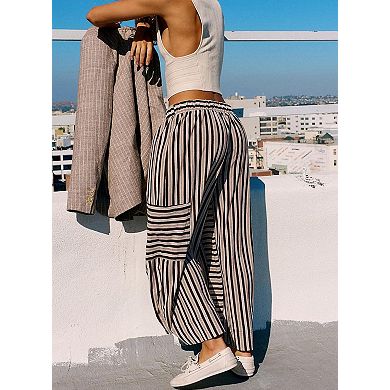 Women's Colorful Striped Wide Leg Pants with Adjustable Tie Waist