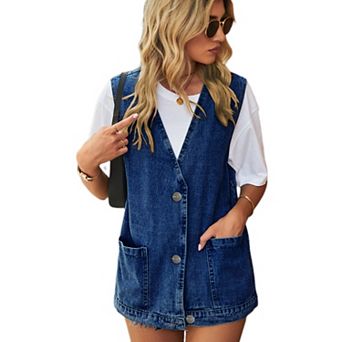 Women Oversized Sleeveless Jean Vest Casual Denim Jacket