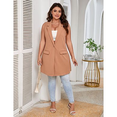 Plus Size Women's Sleeveless Vest Work Casual Long Blazer with Pockets