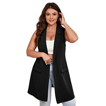 Plus Size Women's Sleeveless Vest Work Casual Long Blazer with Pockets