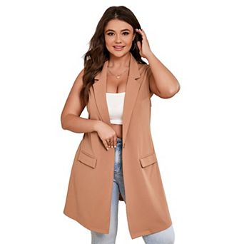 Plus Size Women's Sleeveless Vest Work Casual Long Blazer with Pockets
