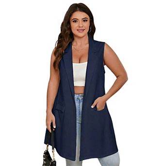 Plus Size Women's Sleeveless Vest Work Casual Long Blazer with Pockets