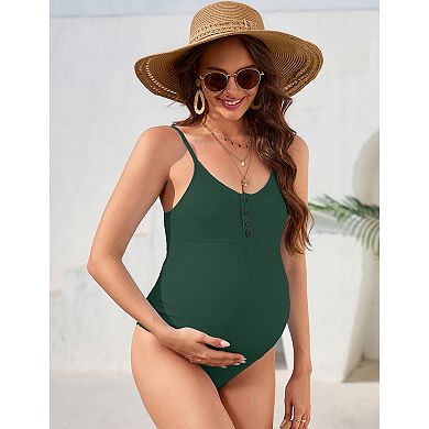 Maternity One Piece Bathing Suit Button Neck Adjustable Strap Swimsuit
