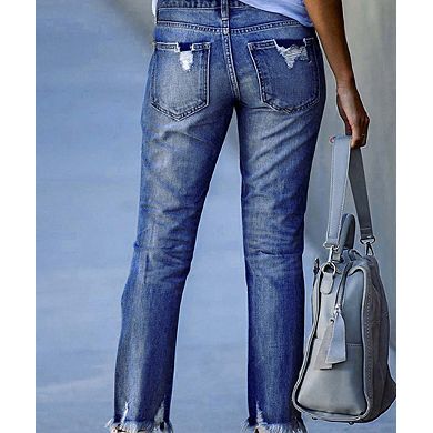 Women's Distressed Skinny Jeans with Frayed Hem & Ripped Details