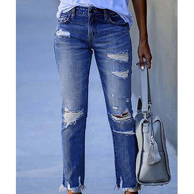 Women's Distressed Skinny Jeans with Frayed Hem & Ripped Details