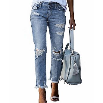 Women's Distressed Skinny Jeans with Frayed Hem & Ripped Details