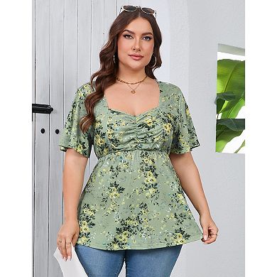 Plus Size Top for Women Short Sleeve Ruched Front Casual Babydoll Shirt