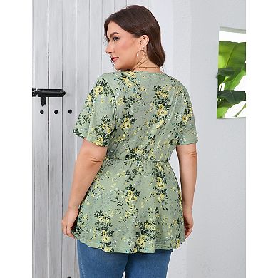 Plus Size Top for Women Short Sleeve Ruched Front Casual Babydoll Shirt