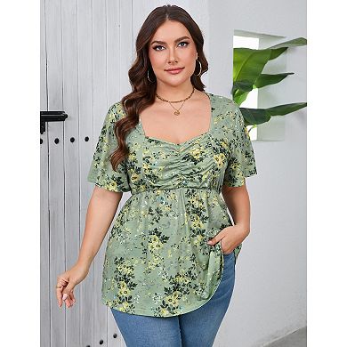 Plus Size Top for Women Short Sleeve Ruched Front Casual Babydoll Shirt